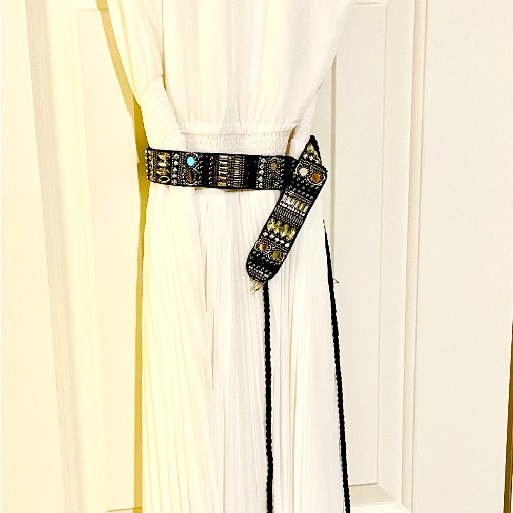 Long white halter dress braided neckline
